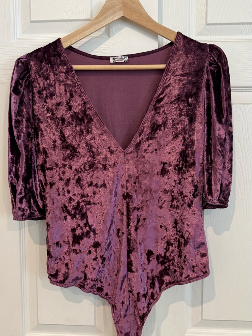 Free People Crushed Velvet V-Neck Bodysuit - Plum
